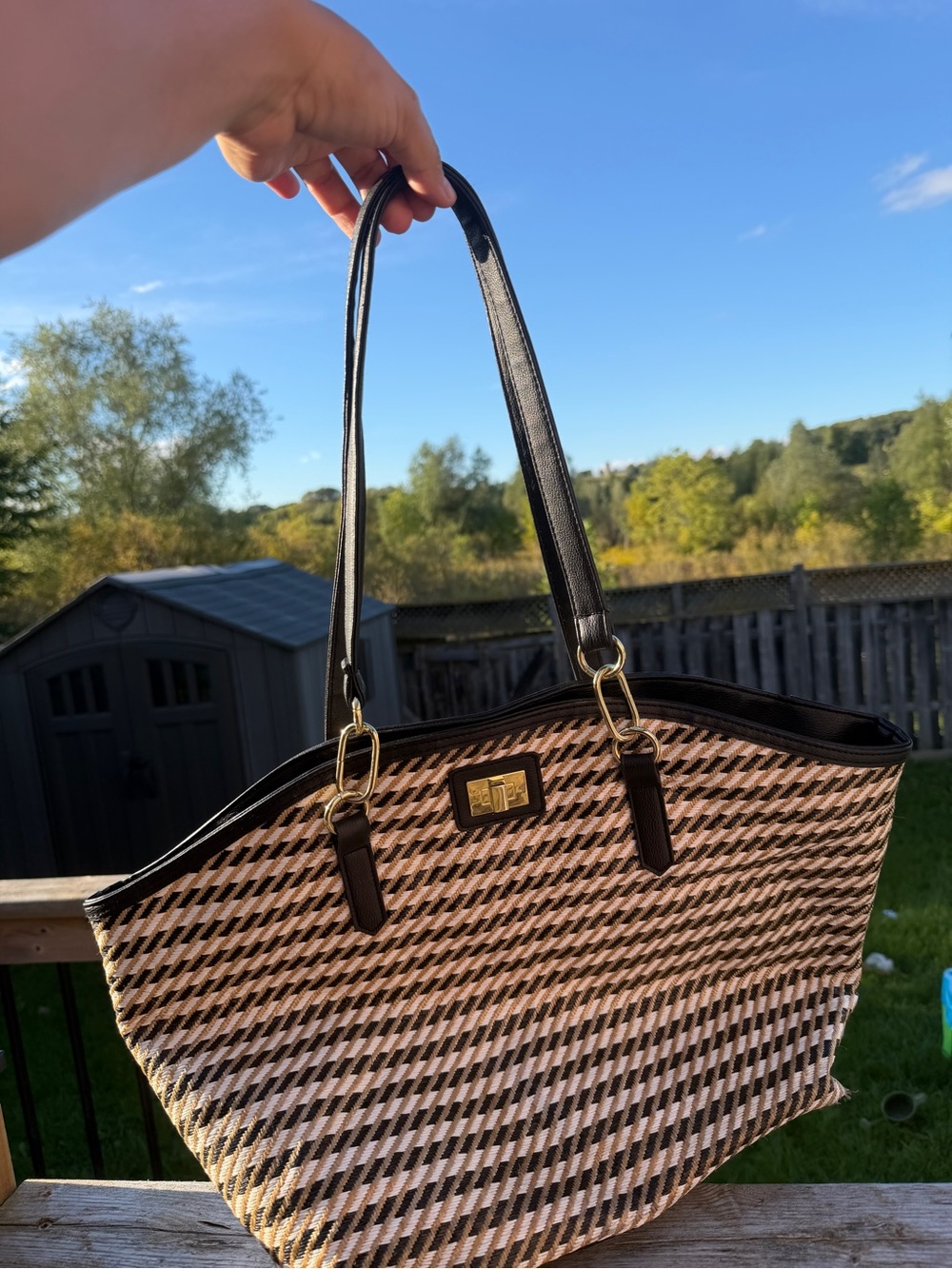 Large Woven Plaid Tote Bag Black Beige Gold Hardware